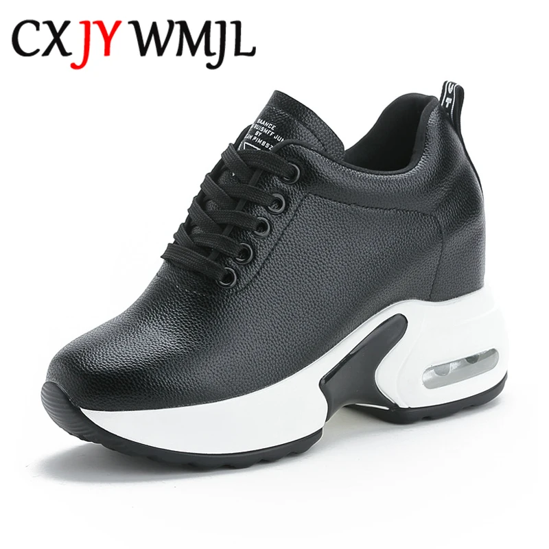 

Invisible High Heels Women Wedge Casual Shoes Leather Lace Up Platform Sneakers Spring Black Flat Vulcanization Sports Shoe