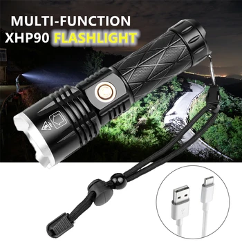 

XHP90 LED Flashlight Type-c USB Rechargeable Multifunction Flashlight Telescopic Zoomable Hand Lamp Portable Lighting Flashlight