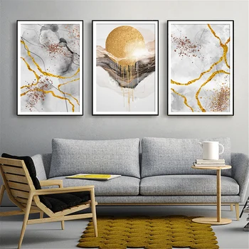

Nordic Abstract Marble Painting Tableaux Gold Foil Sun Poster and Prints Modern Cuadros Canvas Art Picture for Home Decor
