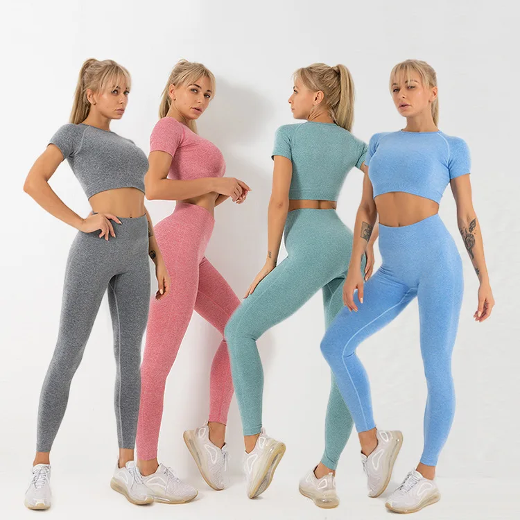 Seamless Yoga Sets Sports Fitness High Waist Hip-lifting Trousers  Short-Sleeved Suits Workout Clothes Gym Leggings Set for Women