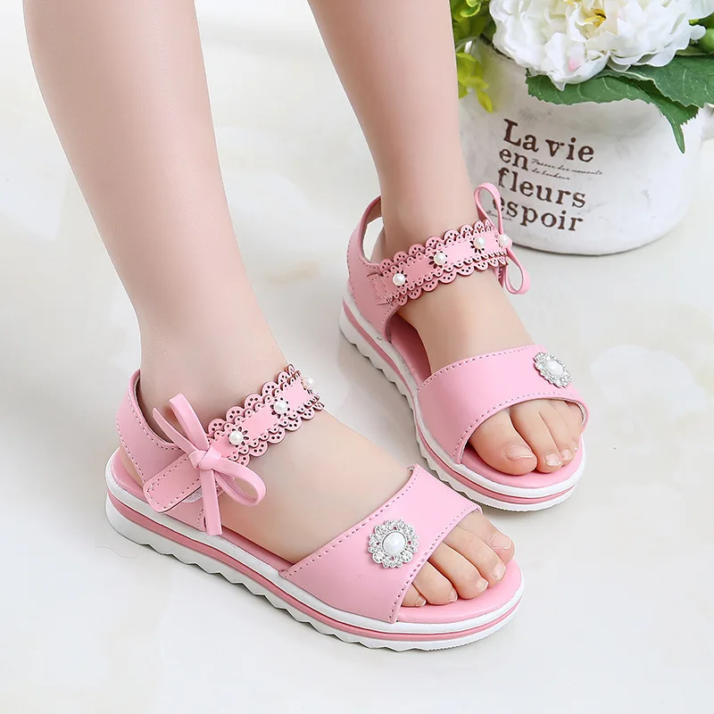 

SKHEK Summer New Girl Rhineston Sandals Kids Child Fashion bead Patent Leather Princess Sandals Party Shoe For Girls Big shoe