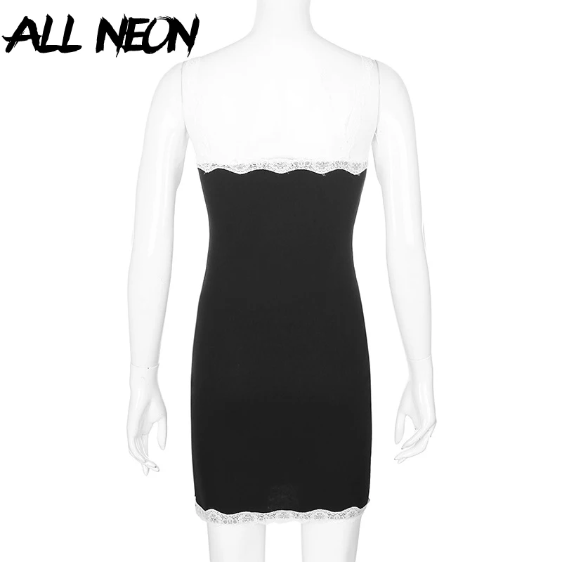ALLNeon E-girl Y2K Spaghetti Strap V-neck Black Camis Dresses 90s Vintage Chic Criss-cross with Lace Ribbed Mini Party Dress