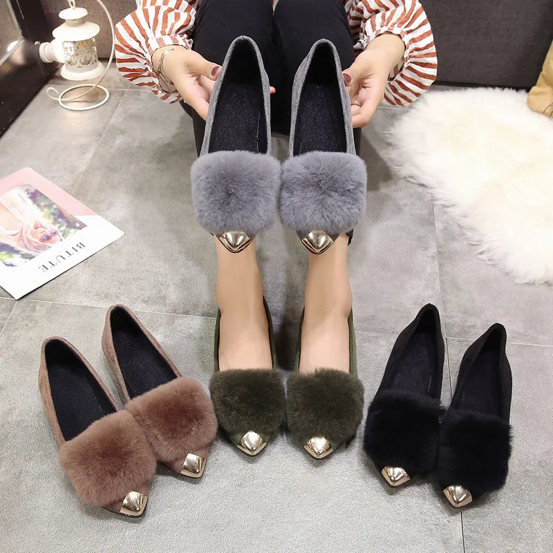 

New Style Shoes Female Spring Pointed-Toe 2019 Furry Korean-style Autumn Daily Life Single Shoes plus Velvet Versatile Solid Col