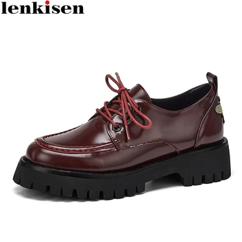 

Lenkisen new streetwear real leather recommend round toe med heels wedges thick bottom lace up high fashion young lady pumps L83