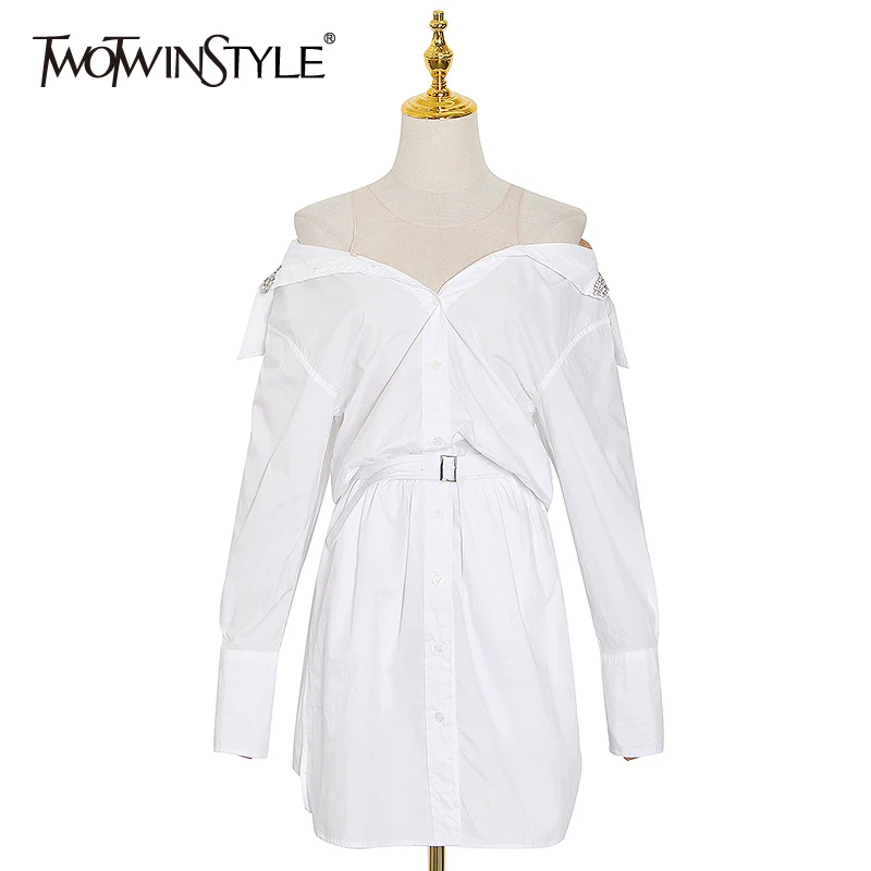 TWOTWINSTYLE Sexy Patchwork Mesh Dress For Women Diamonds V Neck Long Sleeve High Waist With Sashes Minimalist Dresses Female TWOTWINSTYLE Sexy Patchwork Mesh Dress For Women Diamonds V Neck Long Sleeve High Waist With Sashes Minimalist Dresses Female