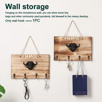 

Wall Hook Door Back Key Storage Kitchen Wall Hook Home Rope Hanging Bull Head Retro Wooden Rustic Wall Decor with 4 Hooks