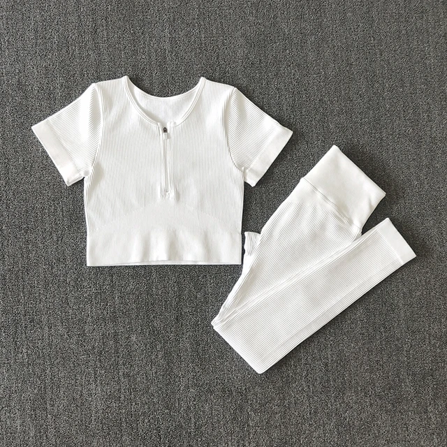 Seamless Women Yoga Set Workout Sportswear Gym Clothing Zipper Long Sleeve High Waist Leggings Fitness Bra Athletic Sports Suits ShirtsPantsWhite