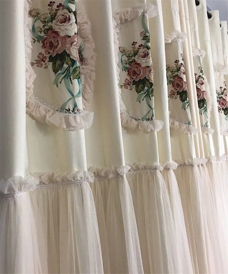 Korean Luxury Rose Printing 70% Blackout Curtains European Tulle Lace Stitching Beige Curtains For Living Room Bedroom Custom4 soundproof curtains