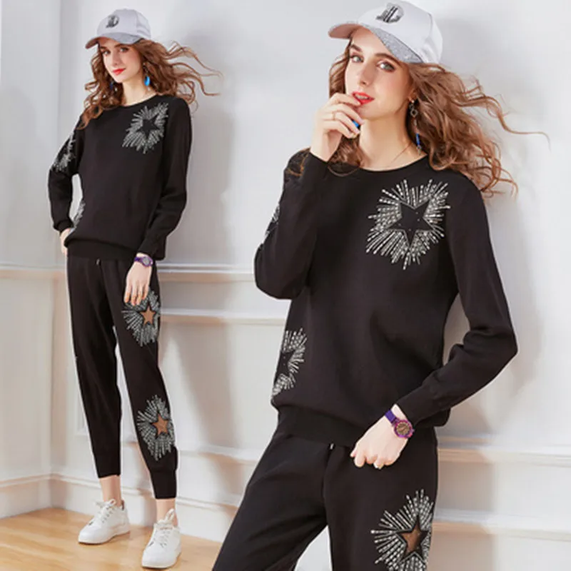 

New Arrival Women Knitted Two Piece Set Fall Winter Rhinestone Star Jacquard Pullover Sweater And Slim Pants Suits Female Outfit