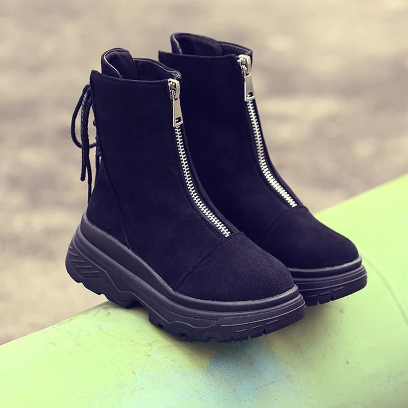 

Platform snow-boots zipper black mid-calf botines wedges back lace-up chelsea botas plush warm winter booties women thick bottom