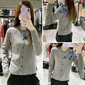 

Embroidered Hot Drills Stars Knitted Cardigan Women O-neck Long Sleeve Knit Coat Fashion Knitwear 2020 New Outwear Top