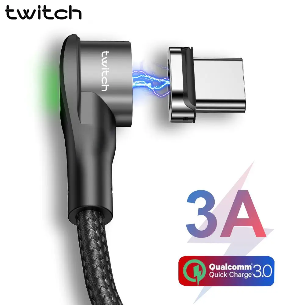Twitch 90 degree Magnetic USB Type C Cable usb c Fast Charging Magnetic Charger usb-c For Samsung A50 Xiaomi Huawei Type-c cable