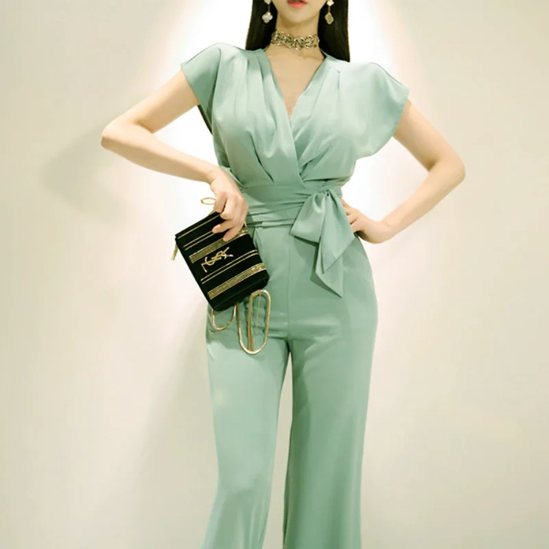 

Women's 2019 Summer New Style Slim Fit with Sleeves V-neck Waist Hugging Tops Waist Hugging Wide-Leg Trousers Business Two-Piece