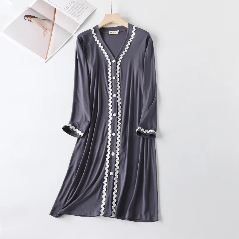 Langarm V-ausschnitt Modale Baumwolle Nachtwäsche Süße Spitze Nacht Kleid Casual Lose Nachthemden Für Frauen Frühling Herbst Hause Kleidung – Detail 2