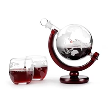 Fantastic Whiskey Glass Set Crystal Globe Liquor Carafe for Whisky Vodka Sailboat in Decanter with Finished Wooden Stand