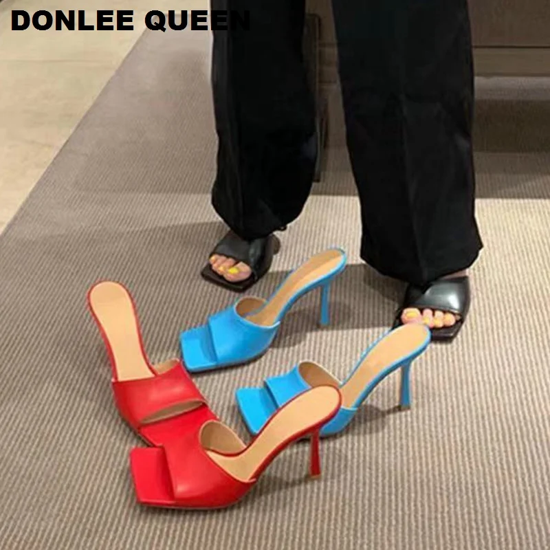 

2020 Spring High Heel Slippers Women Square Toe Thin Heels Slides Beach Flip Flops Ladies Slip On Mule Summer Shoes Sandal Slide