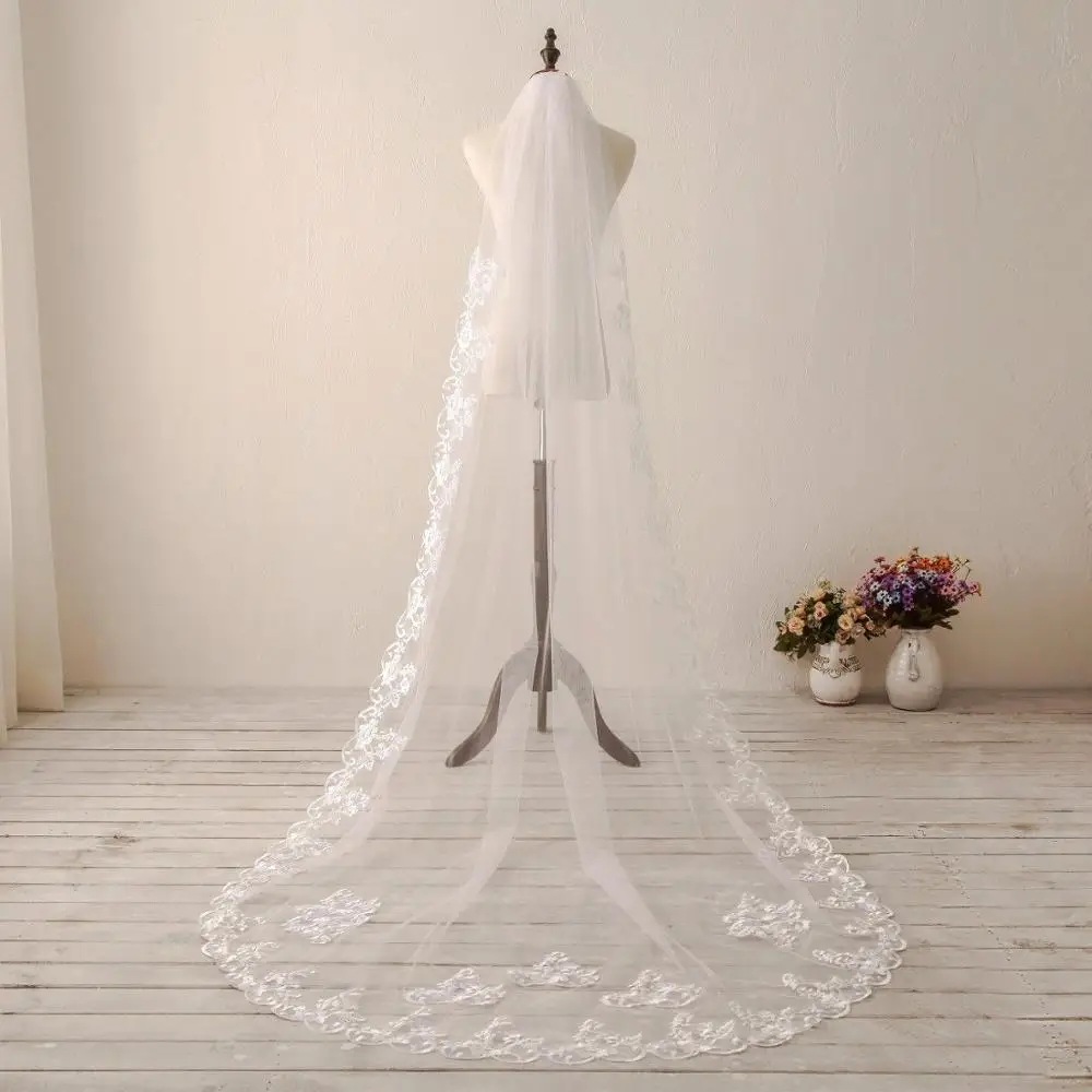 Lace Edge Cathedral Long Wedding Veil With Comb One Layer White Ivory Bridal Veil Wedding Accessories 2019 voile mariage