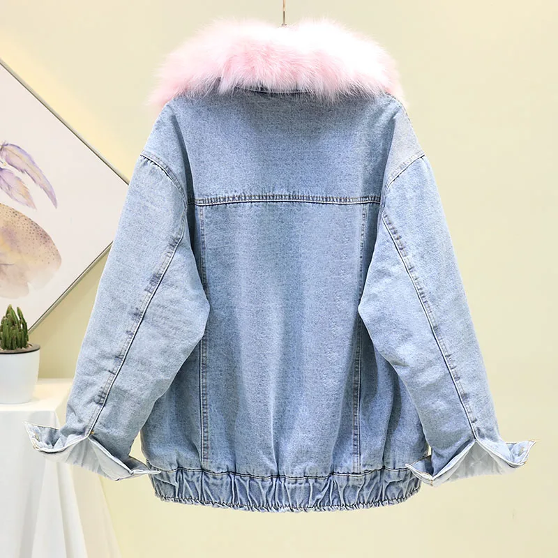 winter new plus velvet thickening lamb hair really fox big fur collar warm denim jacket female