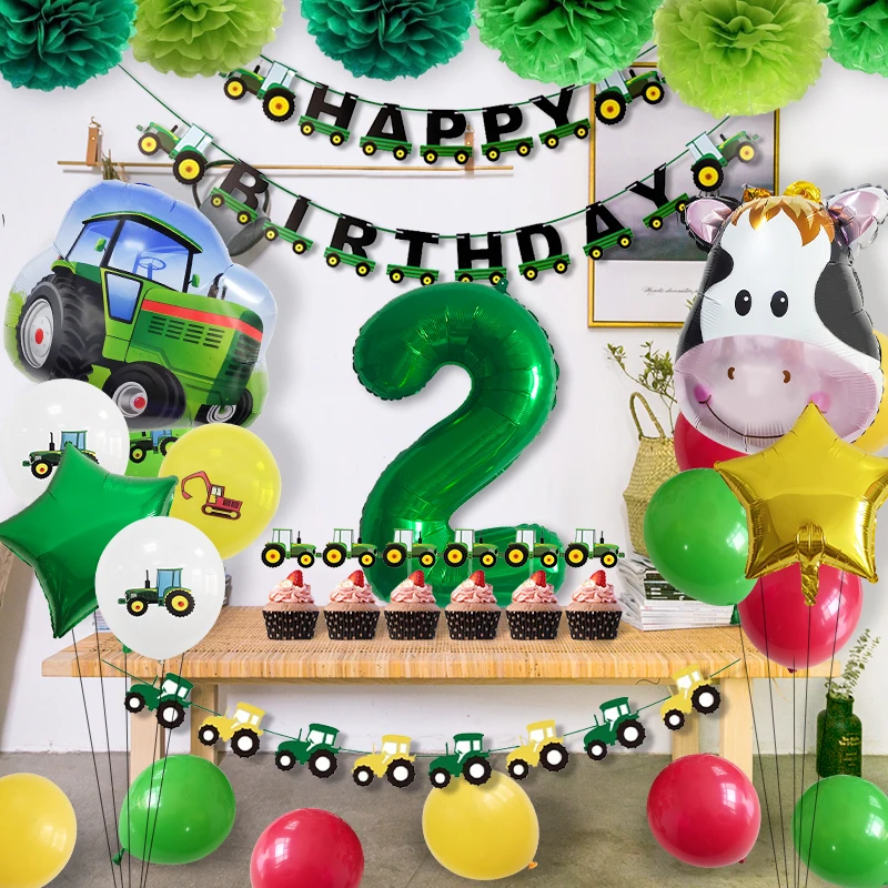 Farm Engineering Vehicle Theme Cow Animal Balloon Green Tractor Children's Birthday Party Decoration | Дом и сад