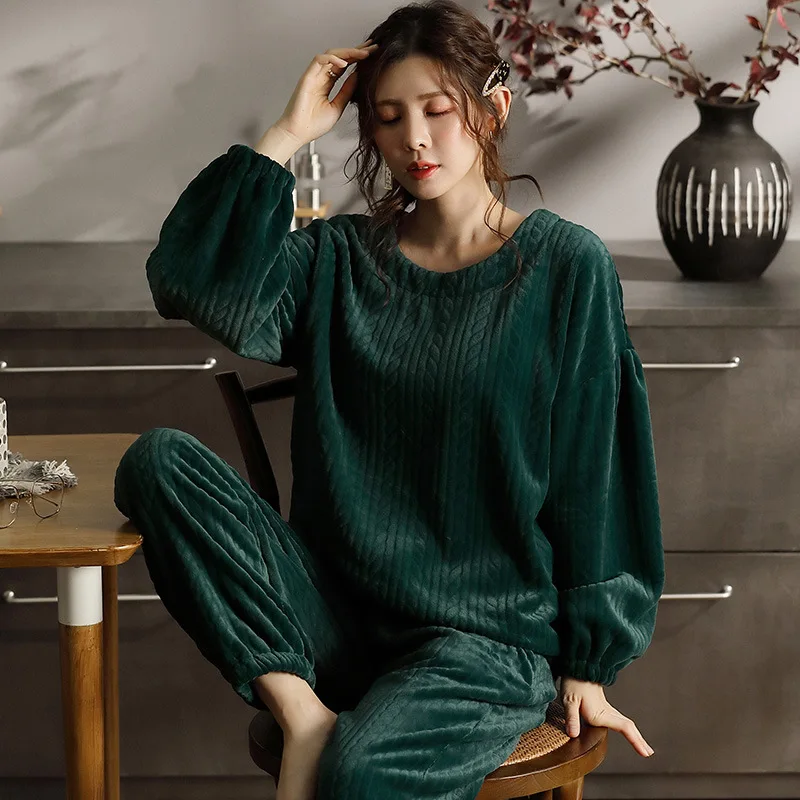 Pajamas Women Autumn and Winter Thickening Plus Velvet Coral Velvet Winter Student Loose Plus Size Home Service Two-piece Suit