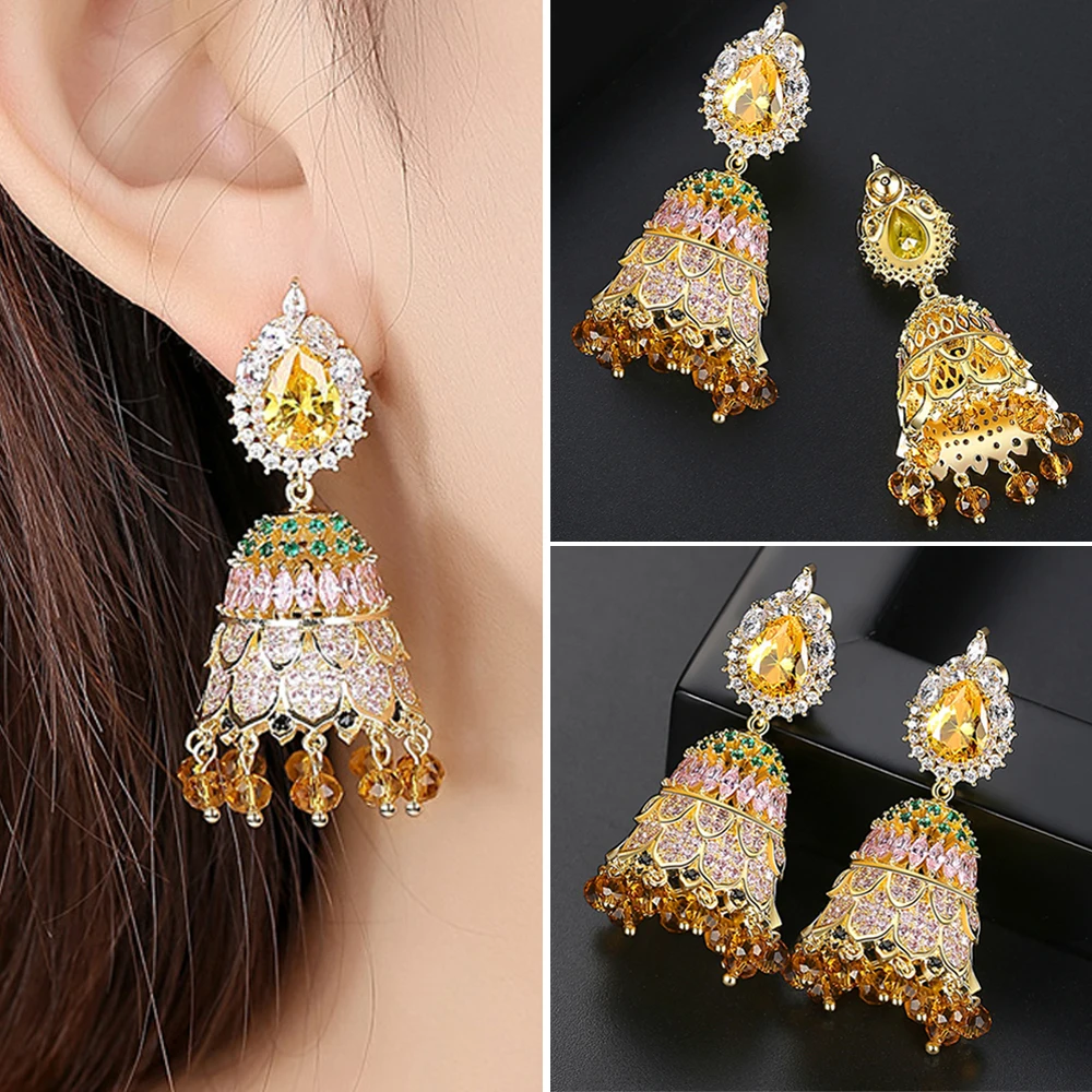 Fashion Indian Jhumka Jhumki Drop Earrings Aaa Cubic Zircon Women Gold Beads Earring Ethnic