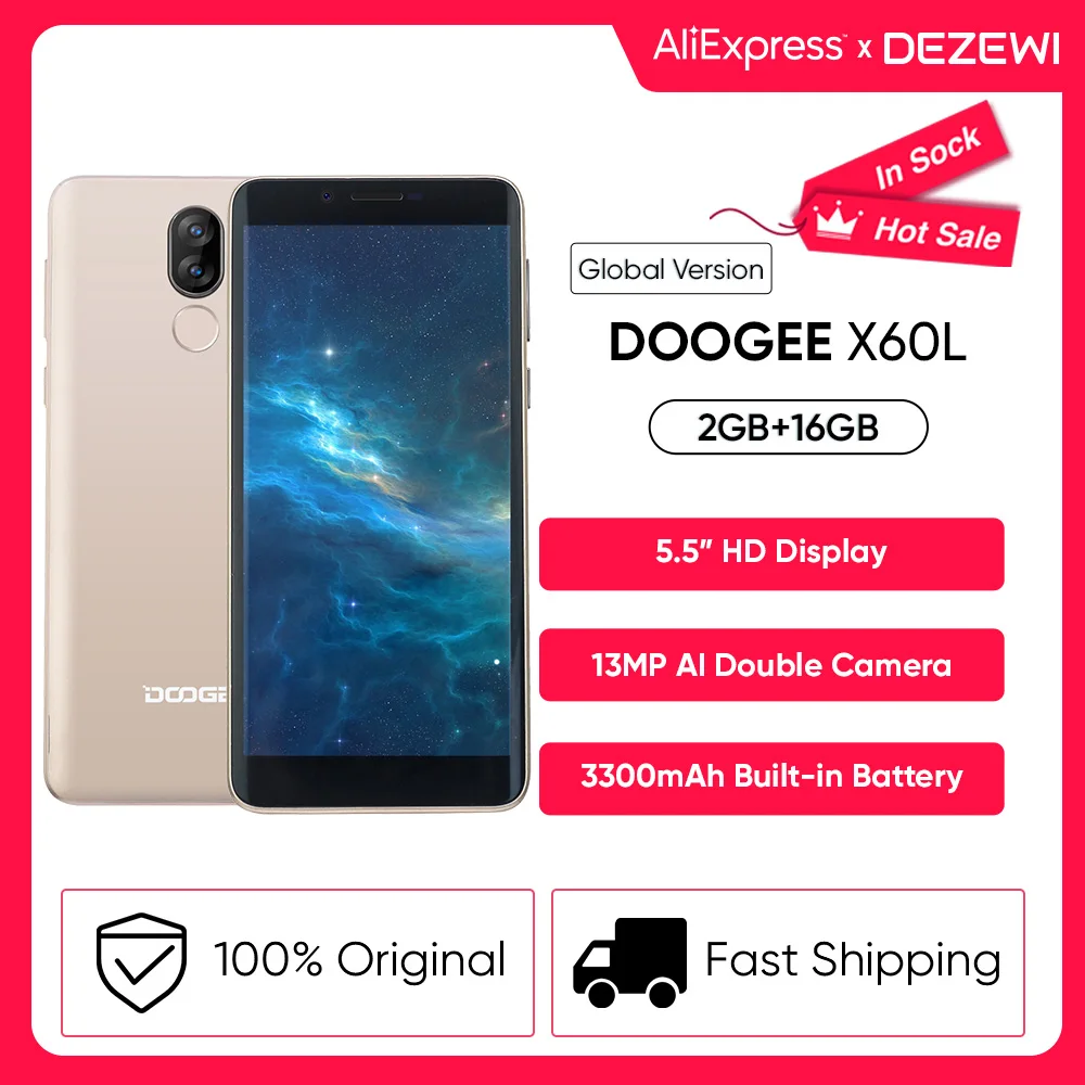 DOOGEE X60L MTK6737V 3300mAh Built-in Battery 5W Quick Charge 13MP Camera 2GB RAM 16GB ROM Smartphone 5.5&quot HD Display Screen | Мобильные