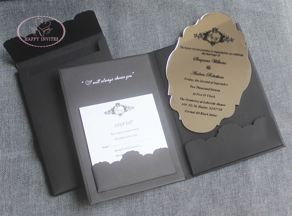 HI1156-12 Custom Black & White Hardcover  Wedding Card with Silver Foil and Acrylic Invitation with Black Letters Made in China