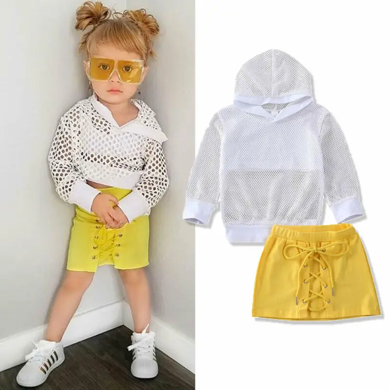 Ensemble de vêtements dété pour bébés filles, manches longues, capuche, hauts en maille, jupes à bandes, survêtements