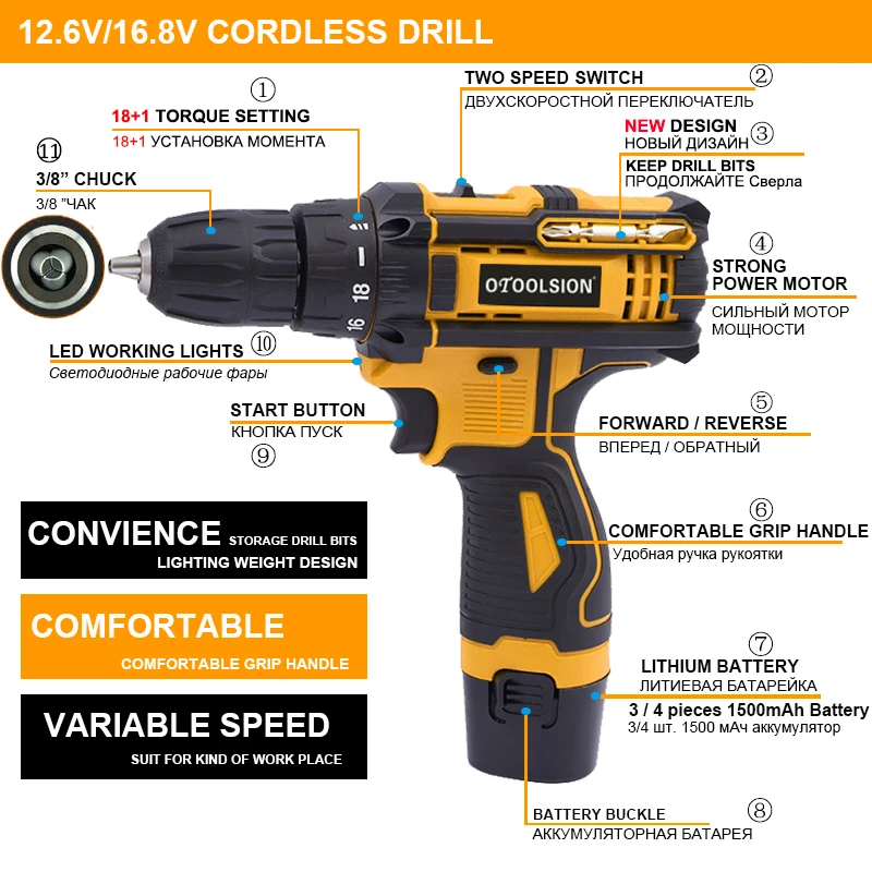 12.6V 16.8V 21V Screwdriver Drill Variable Speed Cordless Drill Battery Tools Cordless Rechargeable Screwdriver Drill Wireless1