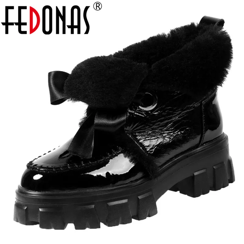 FEDONAS/черные теплые женские ботильоны из лакированной коровьей кожи короткие