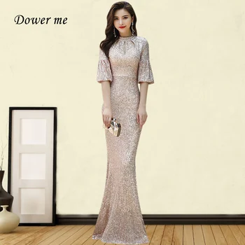 

Sequined Mermaid Evening Dress GK076 Floor-Length Women Party Dresses O-Neck Half Sleeve Robe De Soiree Zipper Elegant Gowns