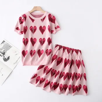 

knitted 2 pieces women skirts suits sweet heart pink sweater and knee-length skirts female lady elegant dresses suits tops