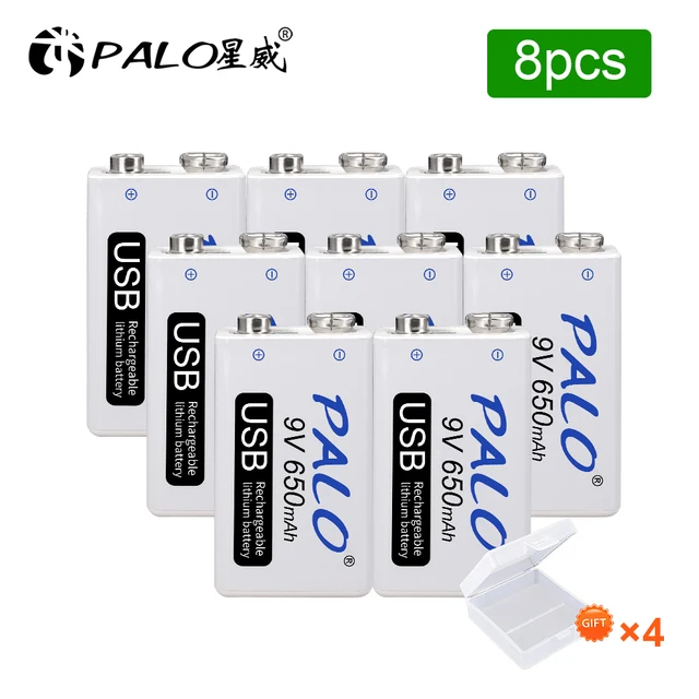 Rechargeable 9V Battery 650mAh Micro USB 9 Volt 6F22 Lithium Crown 9v Batteries for Multimeter KTV Microphone Metal Detector 8pcs