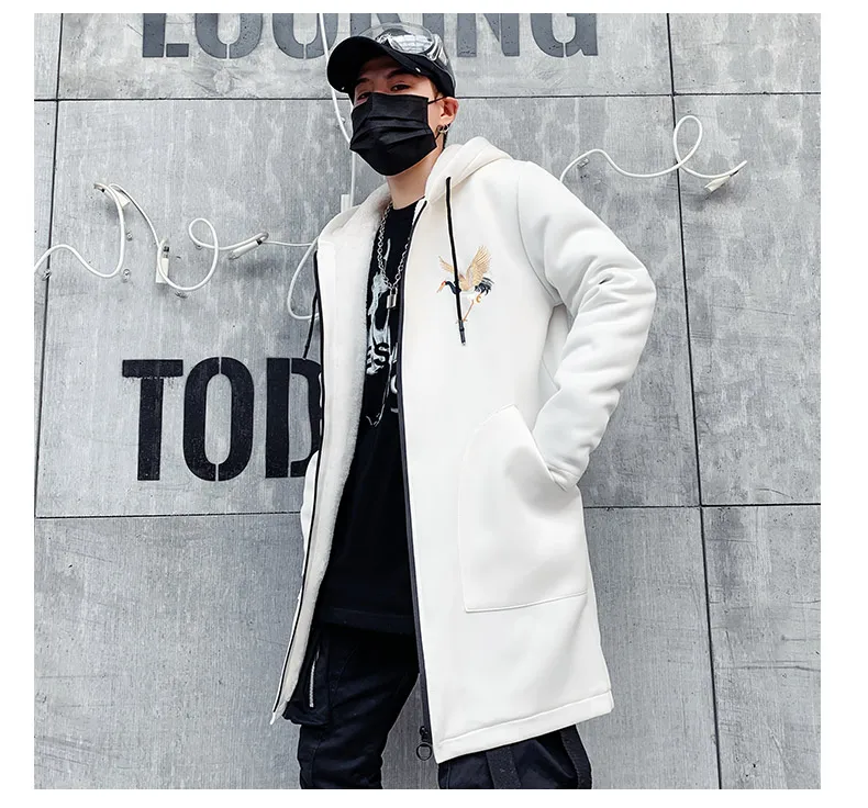 Зимний мужской плащ в китайском стиле с вышивкой журавля Harajuku, ветровка, мужская повседневная верхняя одежда в стиле хип-хоп, уличная одежда, пальто