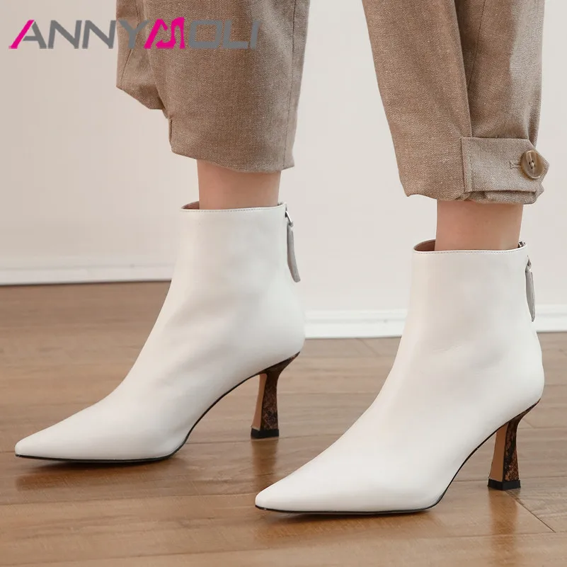 ANNYMOLI Winter Ankle Boots Women Natural Genuine Leather Kitten High Heel Short Boots Zip Pointed Toe Shoes Ladies Fall Size 39