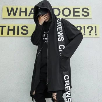 

Transporte da gota homens envio preto irregular hem hip hop com capuz trench coat com cadeias de volta homem gótico do vintage z