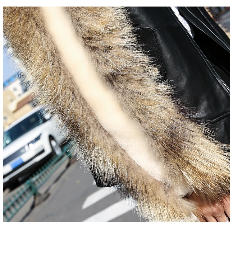 Genuine Leather Jacket Highstreet Real Raccoon Fur Sleeve Round Collar Zip Sheepskin Coat Women Winter Casual Warm Outwear