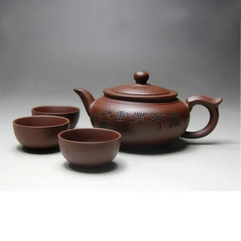 

Yixing Ceramic Teapot, Craft Porcelain Tea Cup Set, 380ml Zisha Kung Fu Purple Clay Teapots, Ceremony Gift, 3 x 30ml Cups