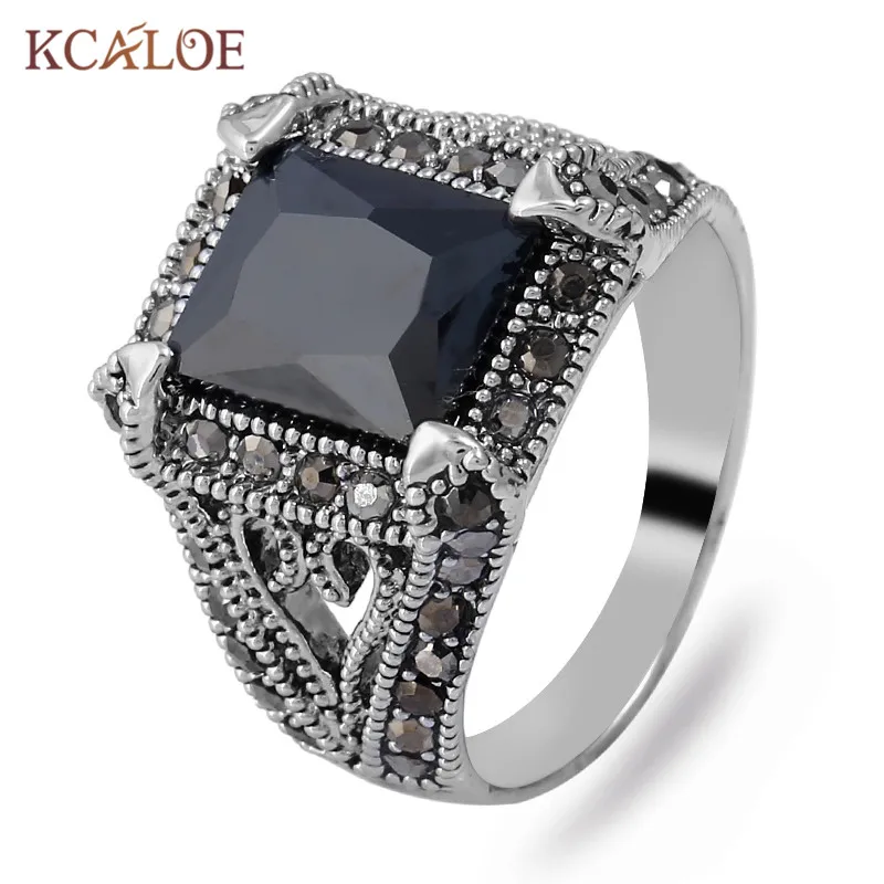 KCALOE Square Black AAA Zircon Ring Antique Silver Color Crystal Rhinestone Vintage Rings For Women Birthday Stone Gifts