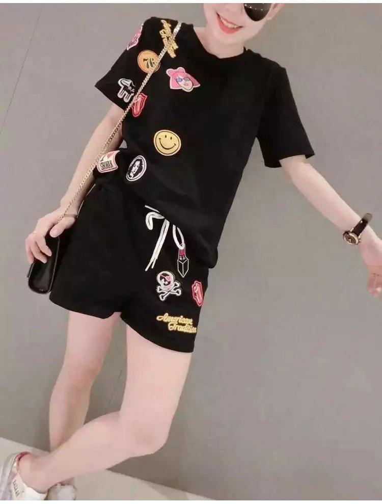 

Summer Wear New Style WOMEN'S Dress Korean-style Large Size Casual Students Running Two-Piece Set Short Sleeve Shorts Sports