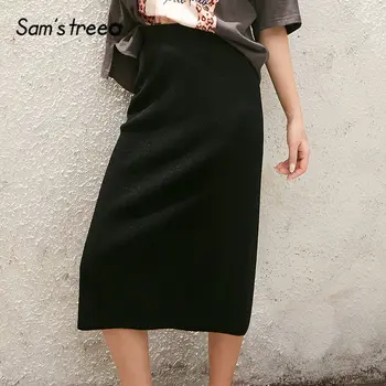 

SAM'S TREE Black Solid Split Back Knitted Casual Bright Skirts Women 2020 Spring New High Waist Korean Ladies Daily Party Skirts