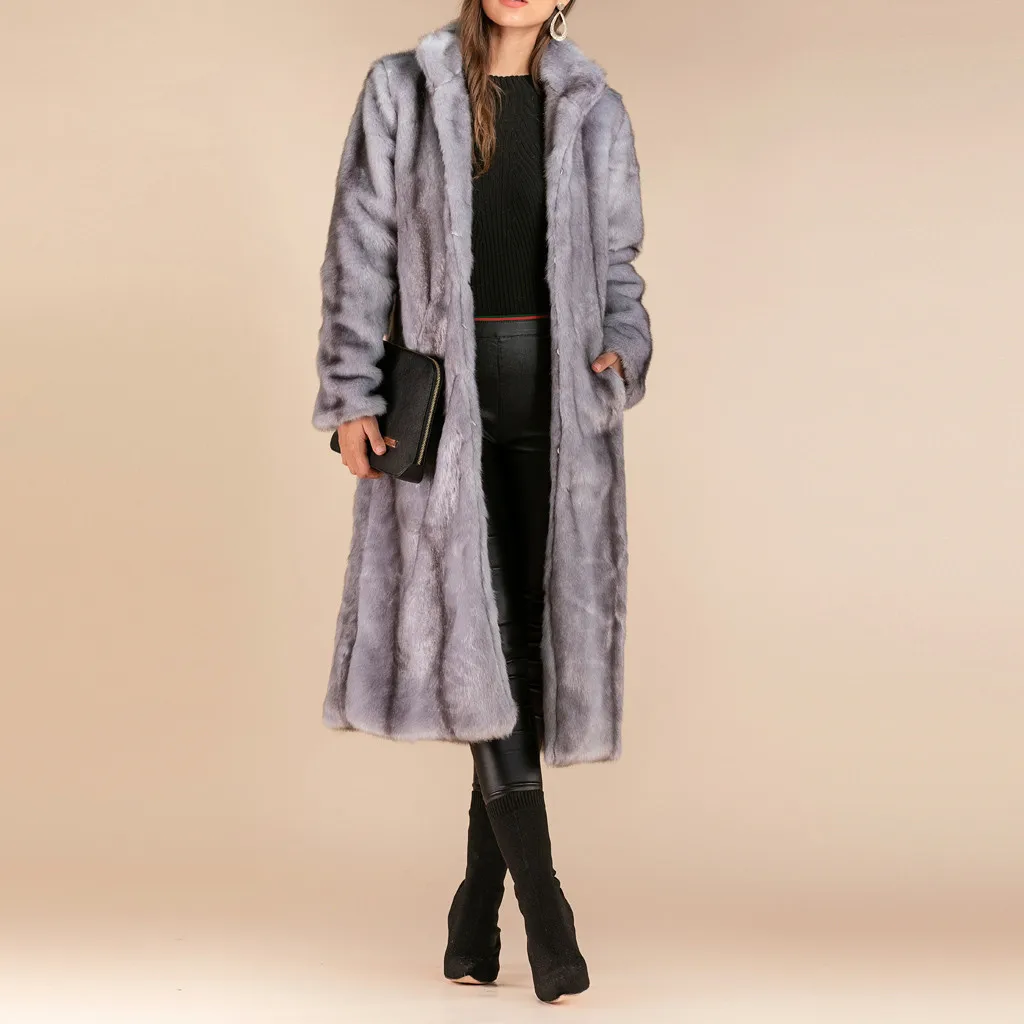 Женское пальто из искусственного меха, длинный Тренч, Зимние Теплые Топы, пальто, повседневное пальто с длинным рукавом, куртка, женский кардиган, верхняя одежда