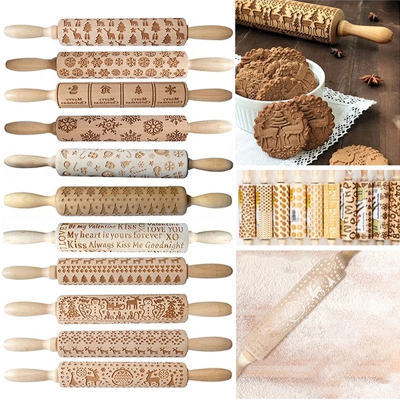 1pc Wooden Christmas Printing Rolling Pin Carving Embossed Cookie Dough Crafts Gift Kitchen Tool | Дом и сад