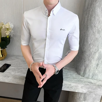 

British Style Summer Men Shirt Fashion 2020 Simple Embroidery Half Sleeve Mens Dress Shirts Slim Fit Casual Blouse Homme 3Colors