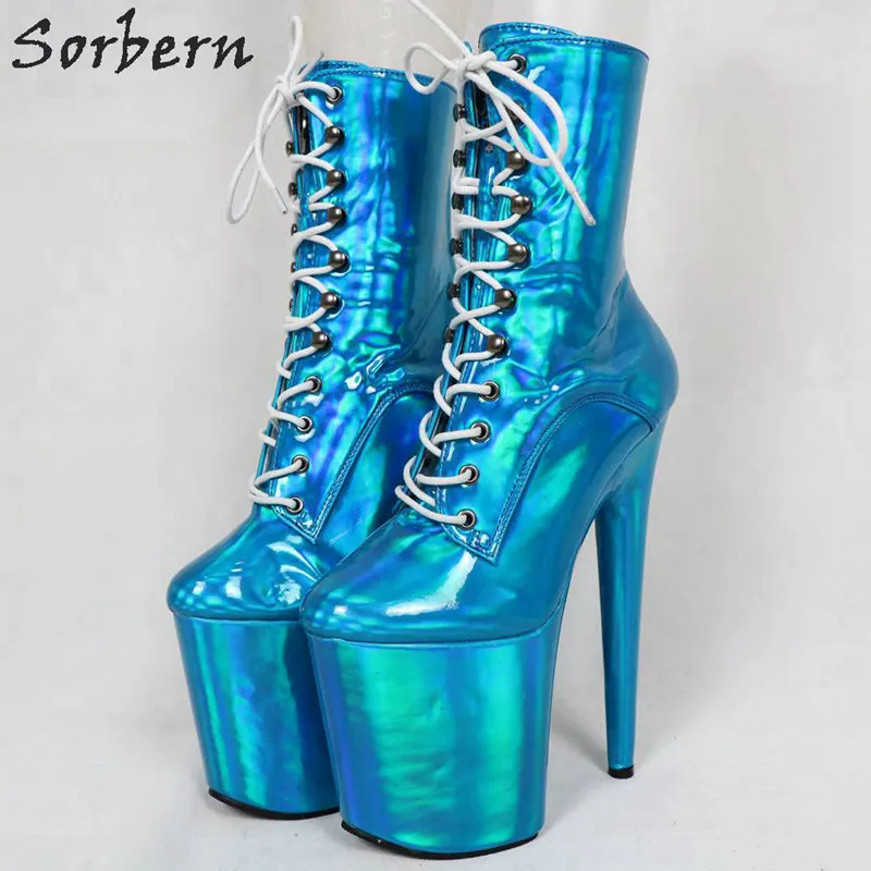 Sorbern/Голографические розовые ботинки для танцев на шесте; женские ботинки на платформе и очень высоком каблуке 8 дюймов; ботильоны с высоким голенищем на заказ; разные цвета - Цвет: Синий