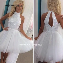 SATONOAKI сексуальные новые белые тюлевые мини-платья для возвращения на родину майка, обшитая бисером кристаллы Топ полые линии Короткие коктейльные платья