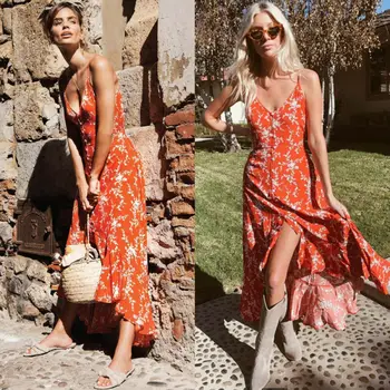 

Women 2020 Boho Maxi Floral Dress Summer Sleeveless Long Maxi Flower Dress Ladies V Neck Button Cardigan Backless Split Sundress