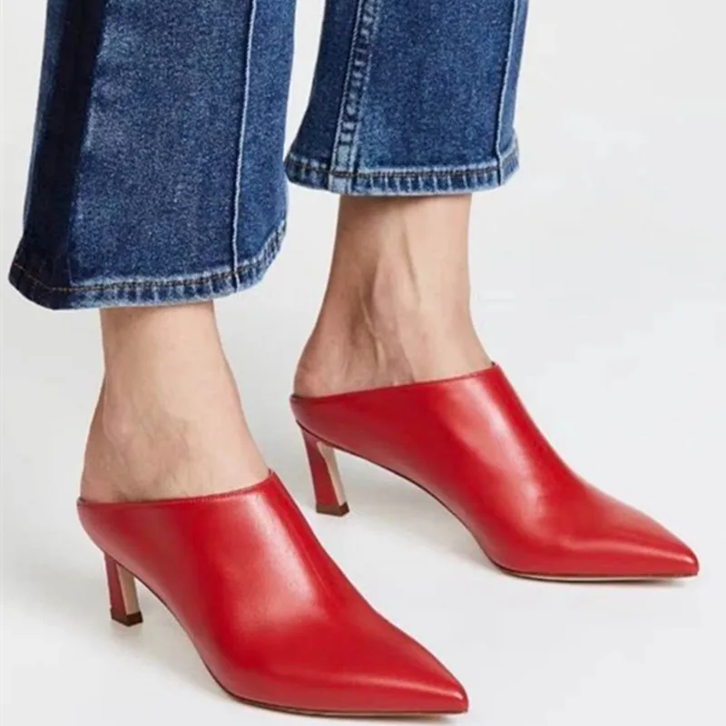 

High Heel Slippers Pointed Toe Shoes Woman Elegant Mules Shoes Women Black White Red Small Heel Outdoor Womens Slippers Big Size