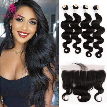 

MALAIKA Hair Body Wave Human Hair Bundles With Frontal 13x4 Lace Front 10-26" Peruvian Body Wave Bundles With Closures