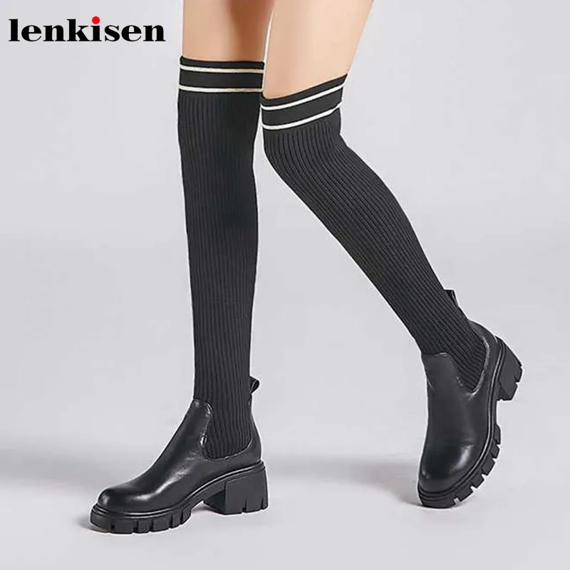 Вязаные сапоги Lenkisen из натуральной кожи высокие с круглым носком на толстой